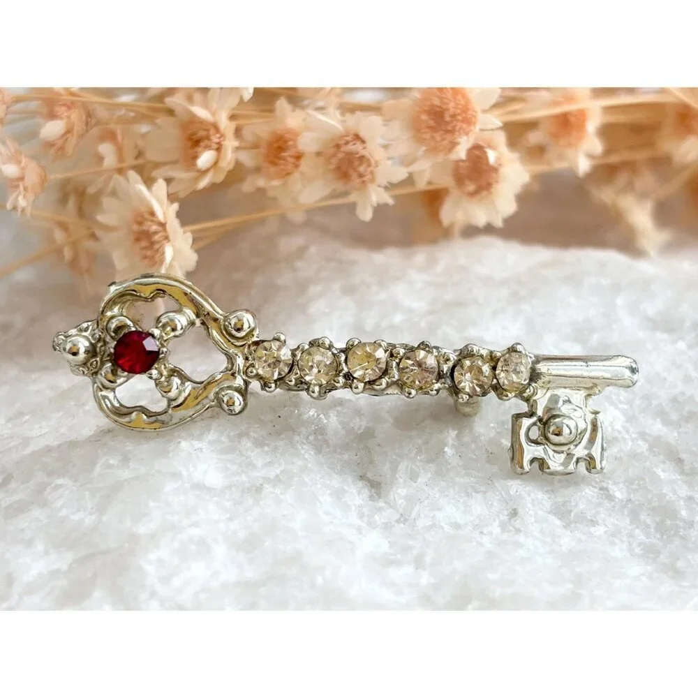 Key Shaped Antique Inspired Rhinestone Gold Toned Vintage Costume Jewelry Brooch